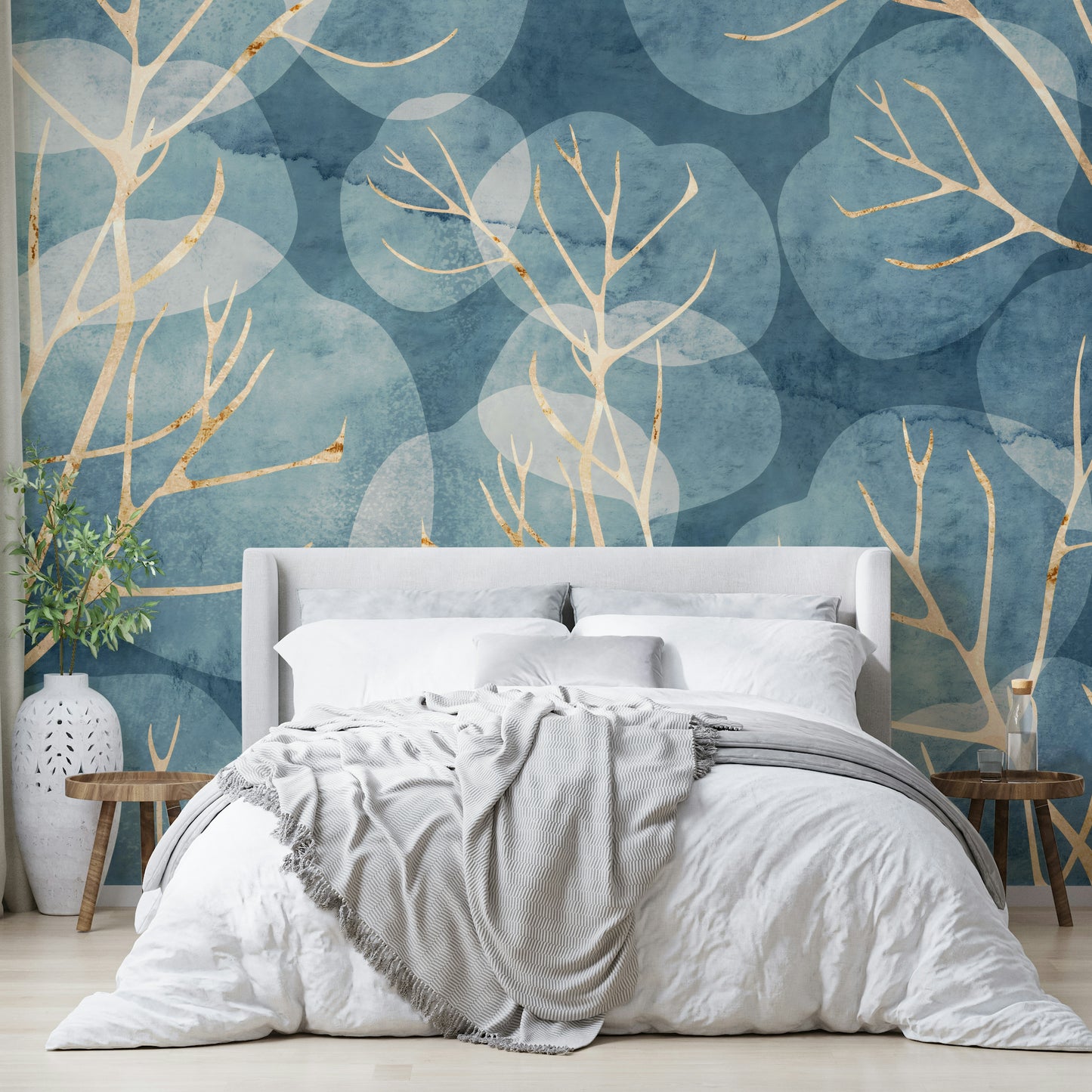 Cyanotype print with winter leaves on wall mural

