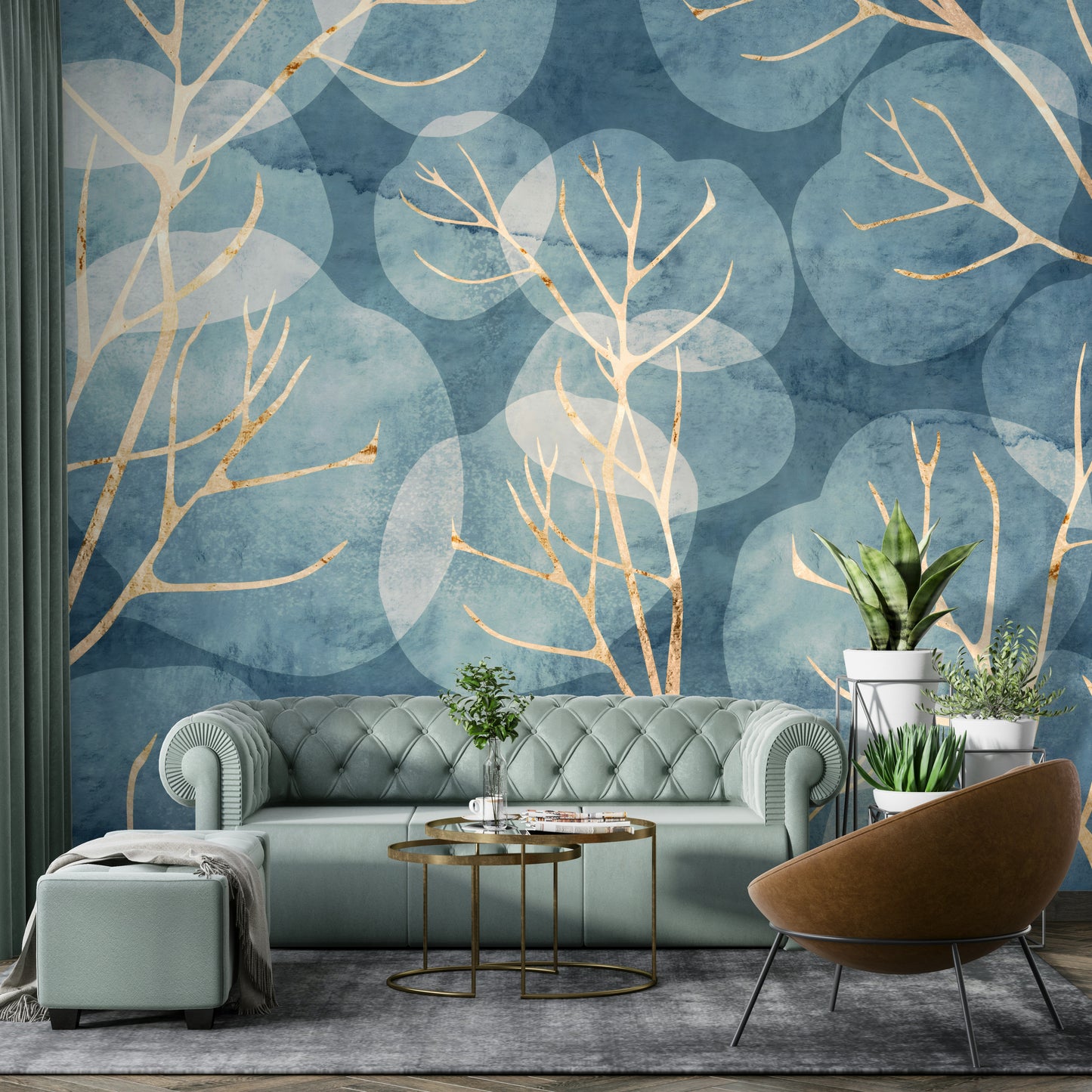 Midwinter Leaf Cyanotype Wall Mural in blue tones

