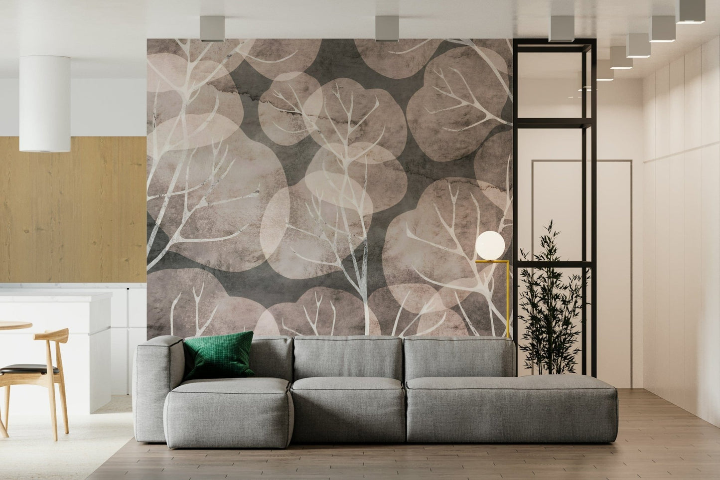 Midwinter Leaf wall mural in pewter and blush tones