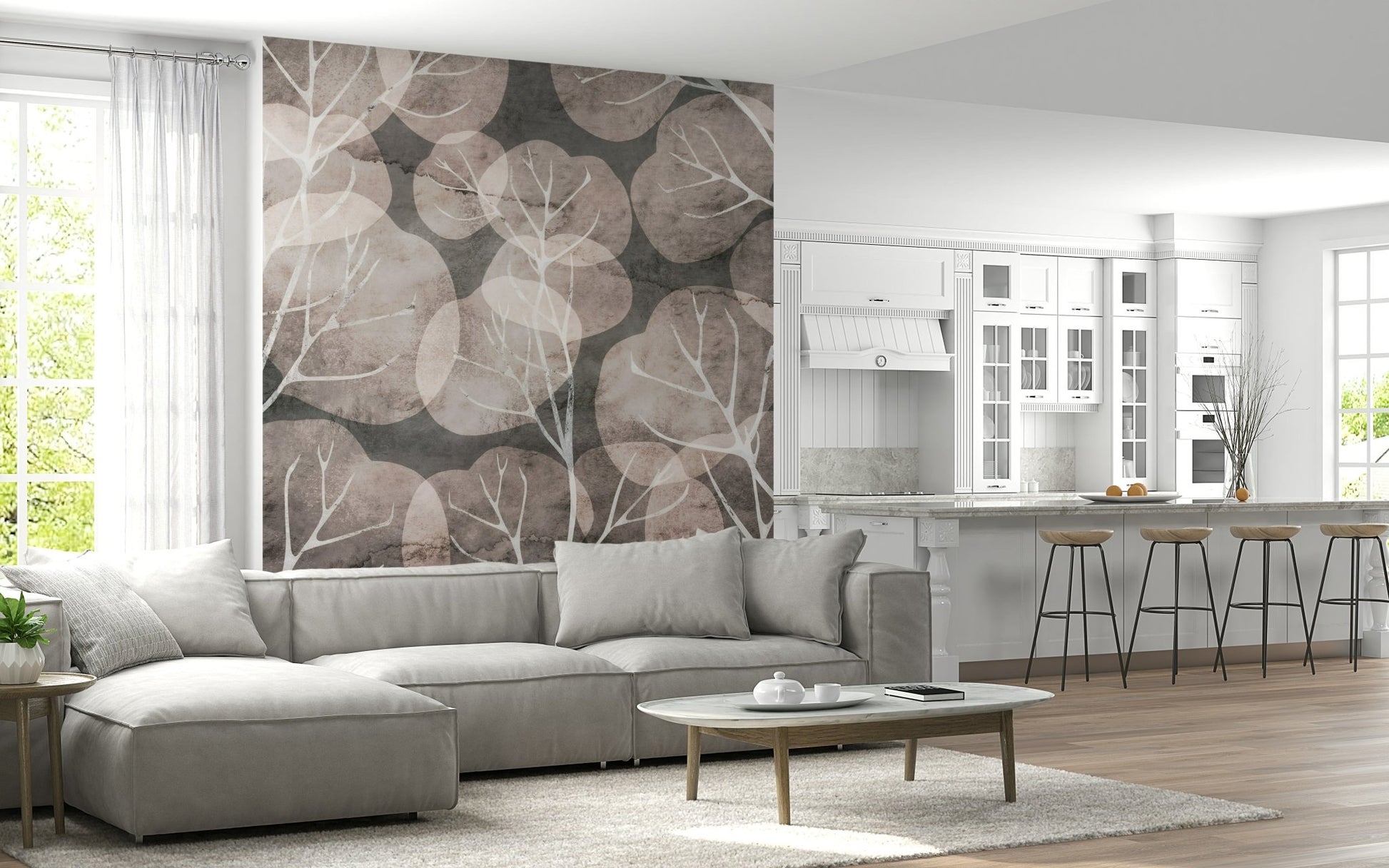 Aesthetic neutral Midwinter Leaf pewter blush wall mural print.