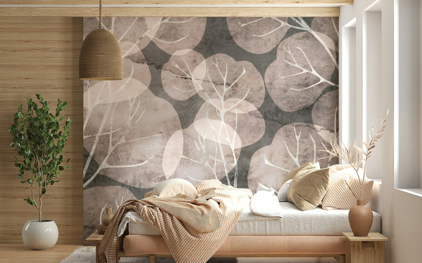 Elegant pewter blush Midwinter Leaf wallpaper for walls.