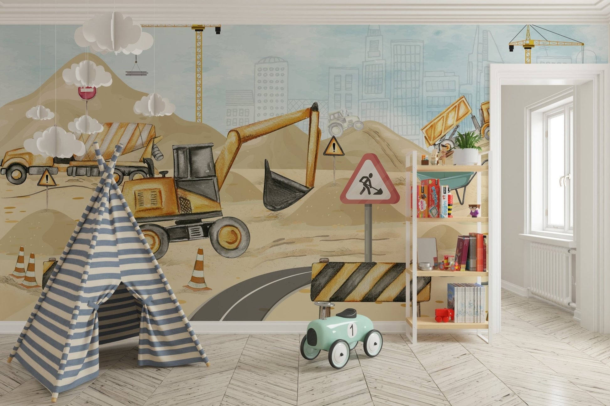 Excavators and trucks nursery mural wallpaper C321
