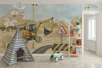 Excavators and trucks nursery mural wallpaper C321
