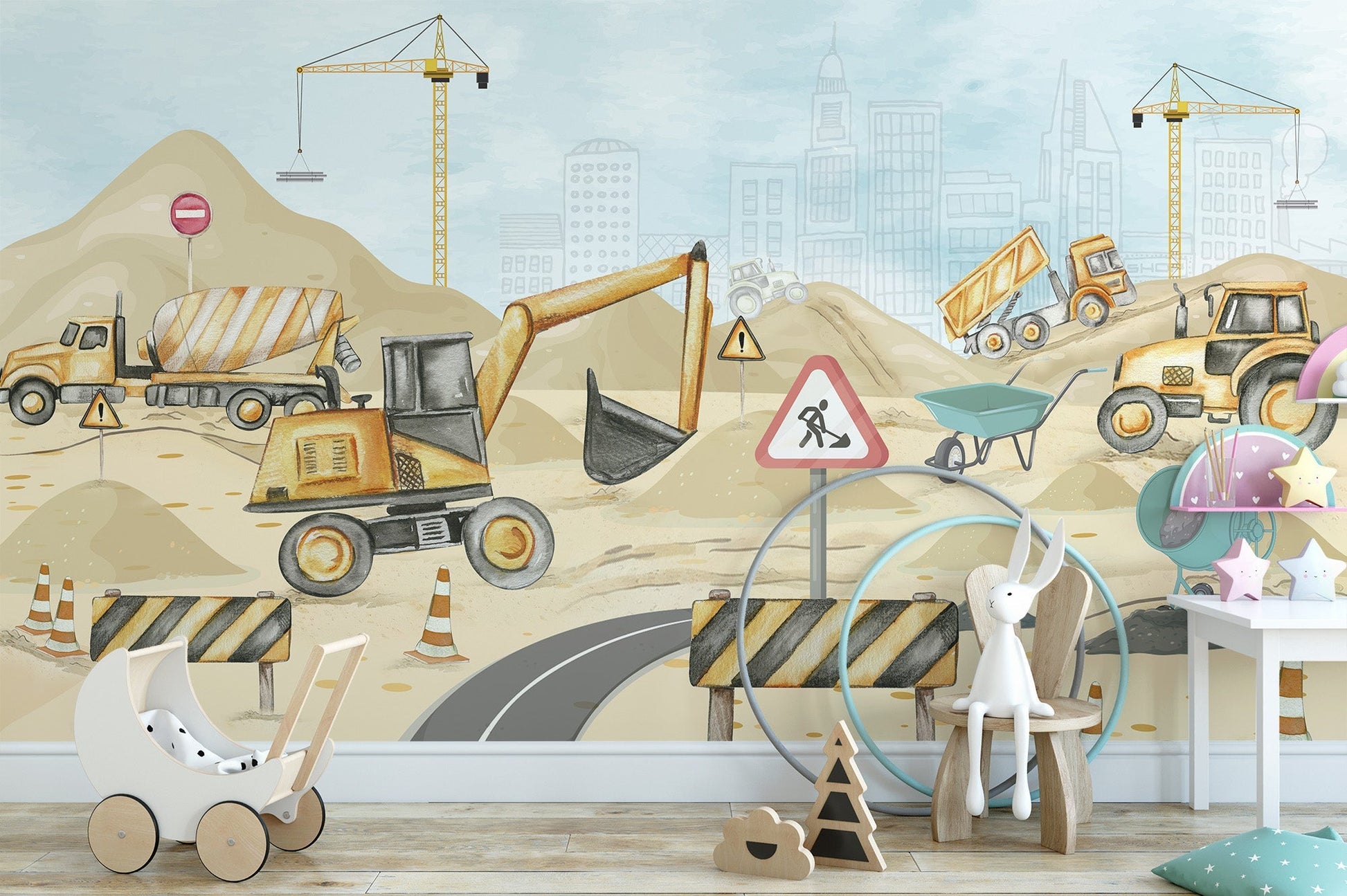 Construction-themed kids room mural wallpaper C321
