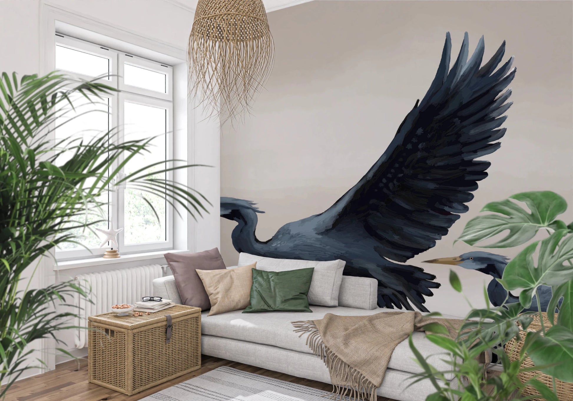 Traditional oil painting style wallpaper featuring migrating herons