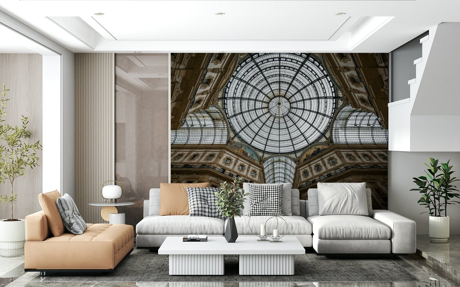 A peaceful open country mural on decorative wallpaper.