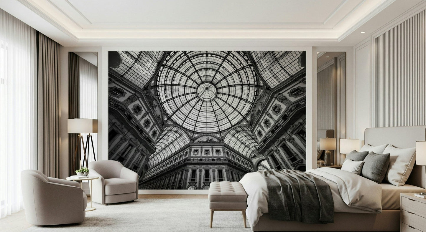Grand interior perspective wall mural for a minimalist dining area wallpaper.