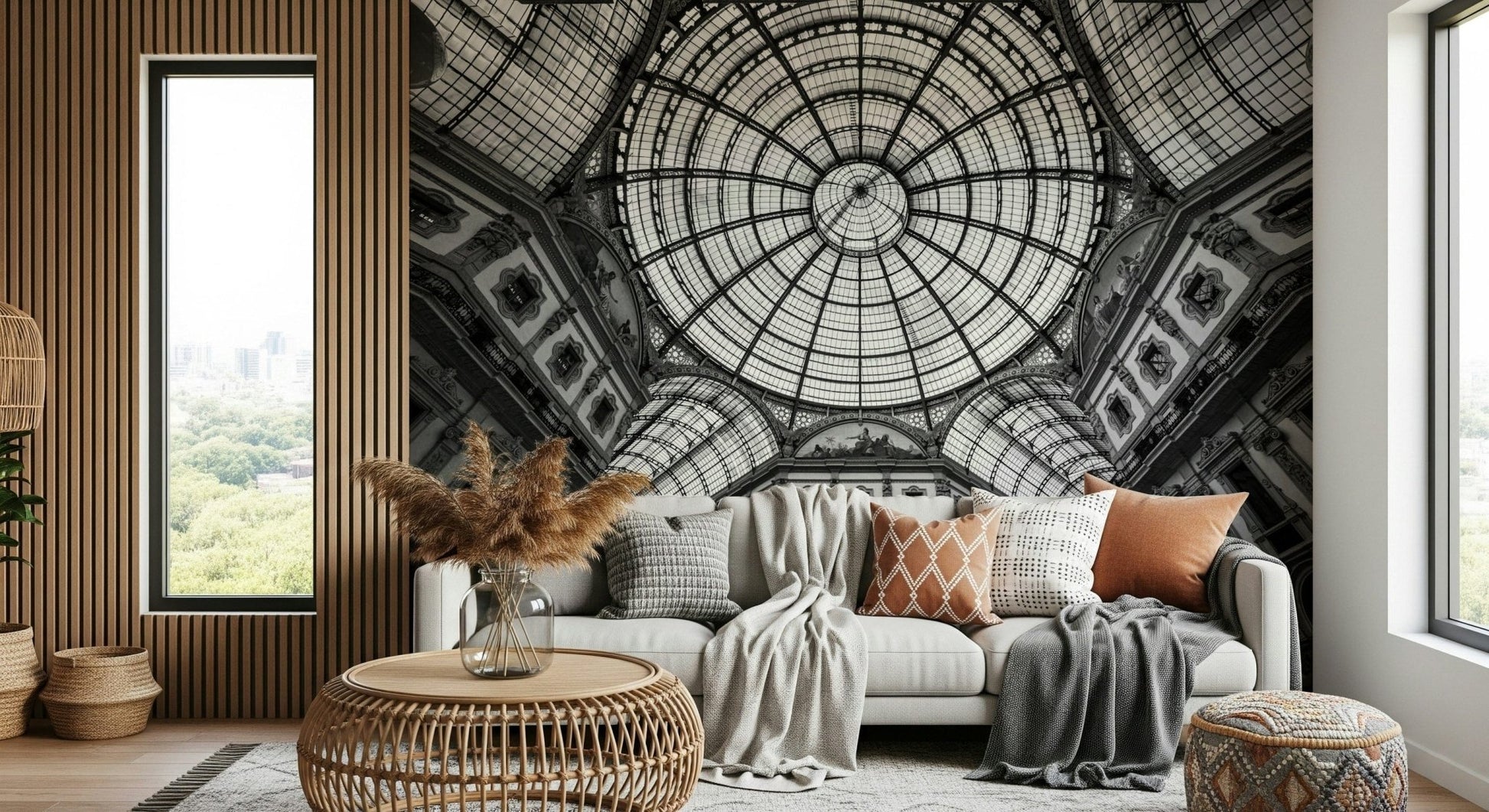 Elegant architectural perspective wallpaper for a contemporary living room wall mural.