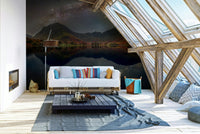 A peaceful cosmic landscape mural on decorative wallpaper.

