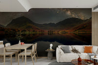 An artistic Milky Way mural on minimalist wallpaper.

