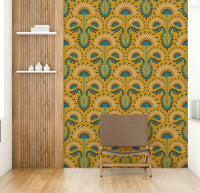 Features a damask style with Art Deco floral motifs.
