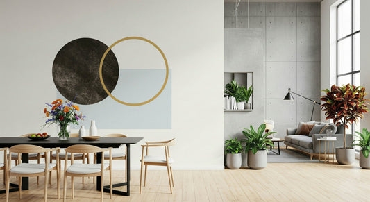 Modern art wallpaper mural featuring a dark textured circle intersecting a gold ring and light blue rectangle.