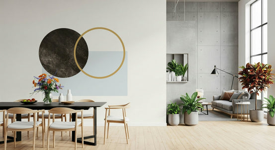 Modern art wallpaper mural featuring a dark textured circle intersecting a gold ring and light blue rectangle., GD6433