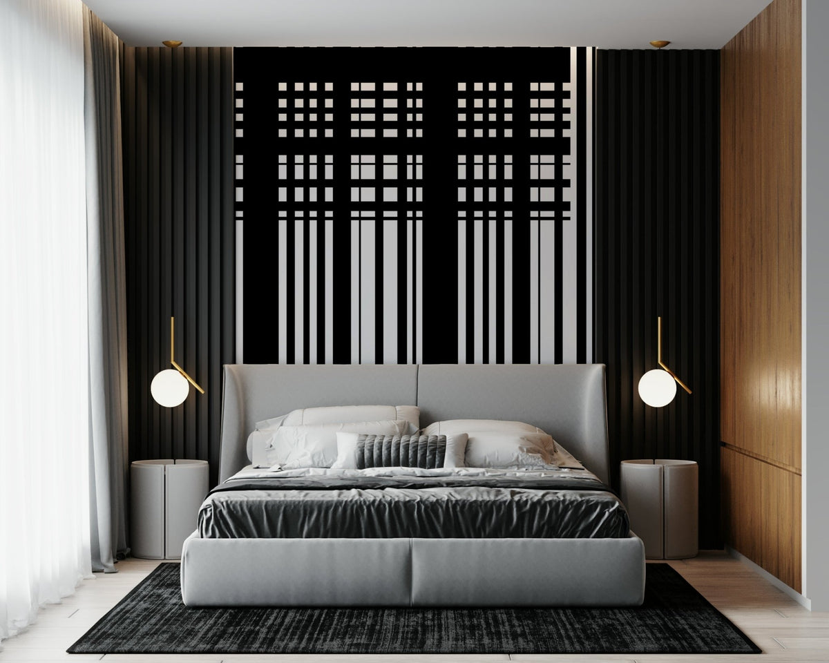 Modern living room with the Minimal Black & White Stripes accent wall., GD6384