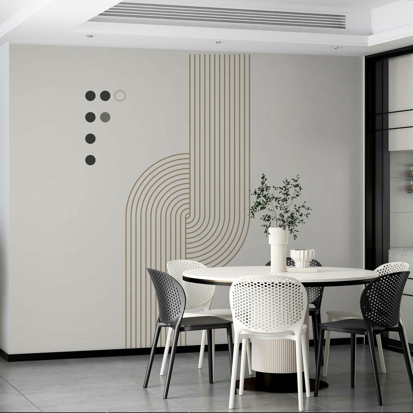 Line art mural with modern circles

