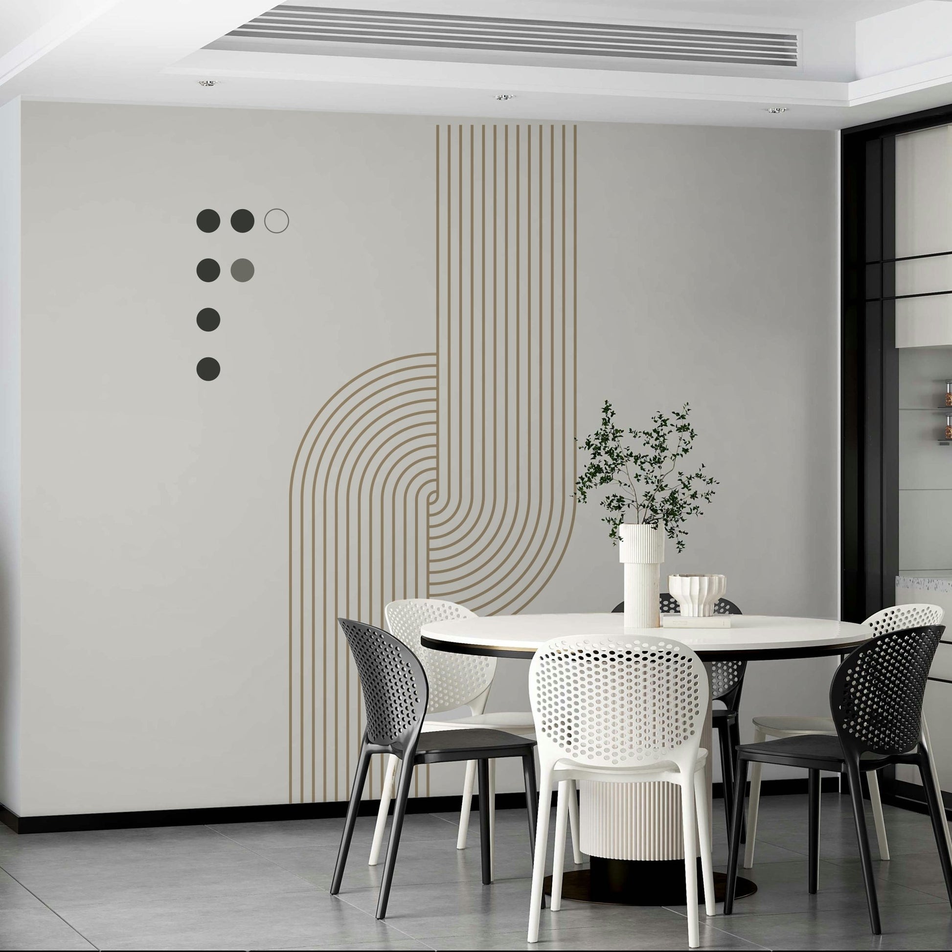 Line art mural with modern circles

