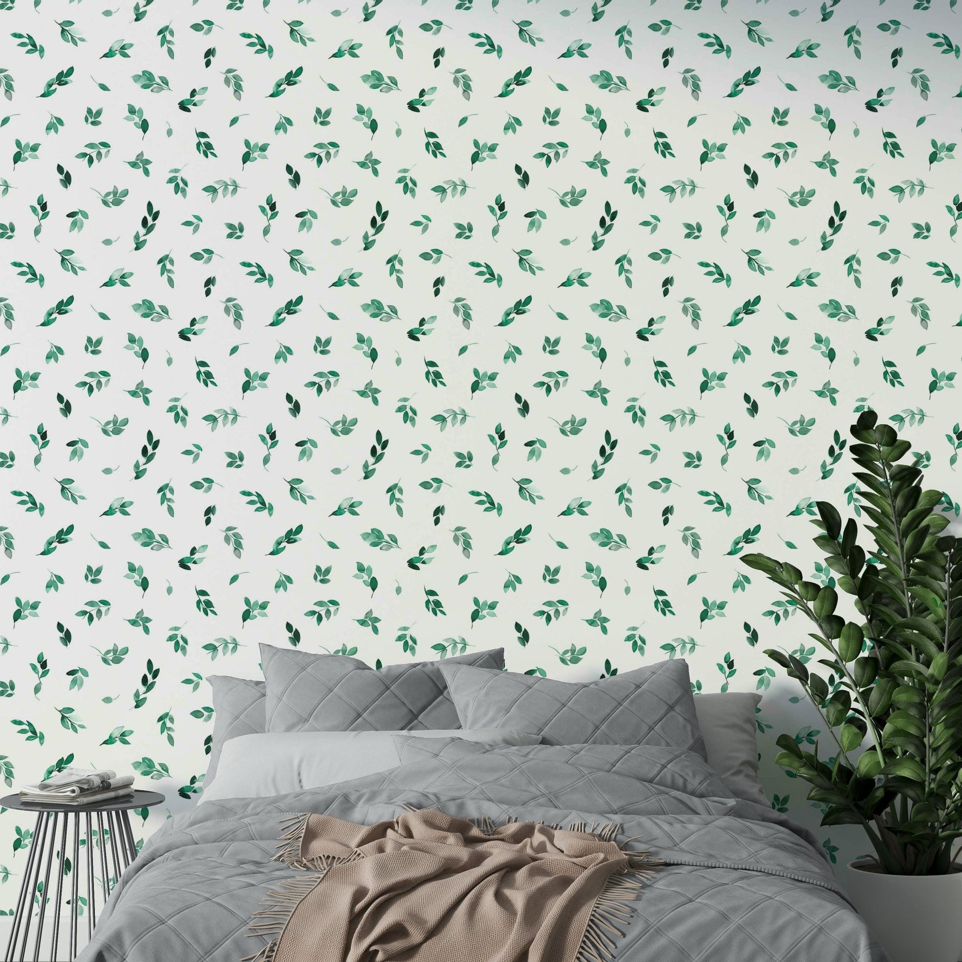 Peel and stick eucalyptus wallpaper on room wall


