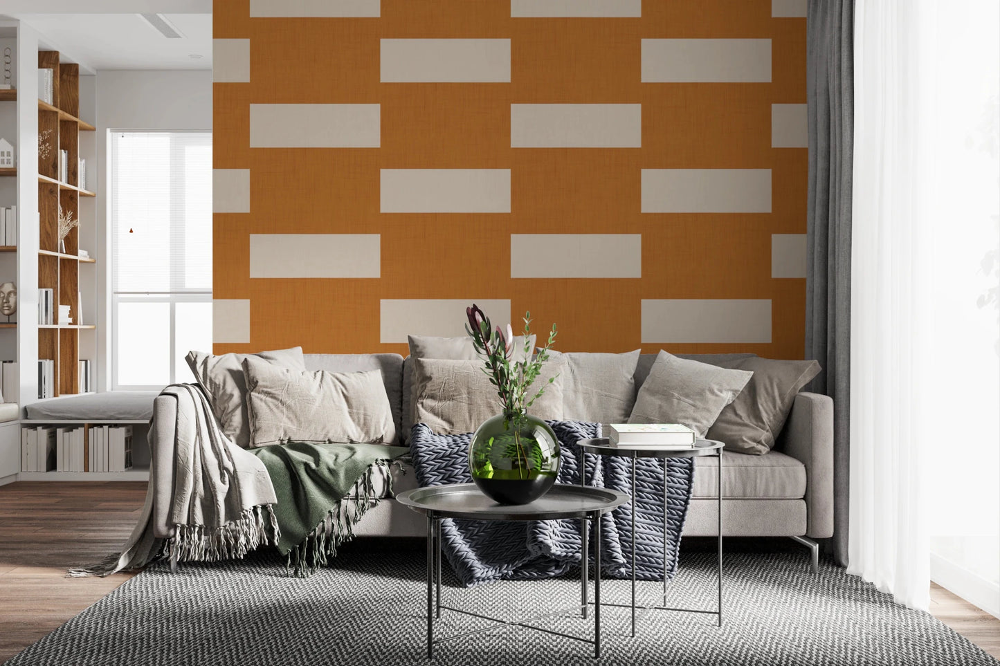 Minimal Stripe Block Terracotta Cream Wallpaper with broad modern panels