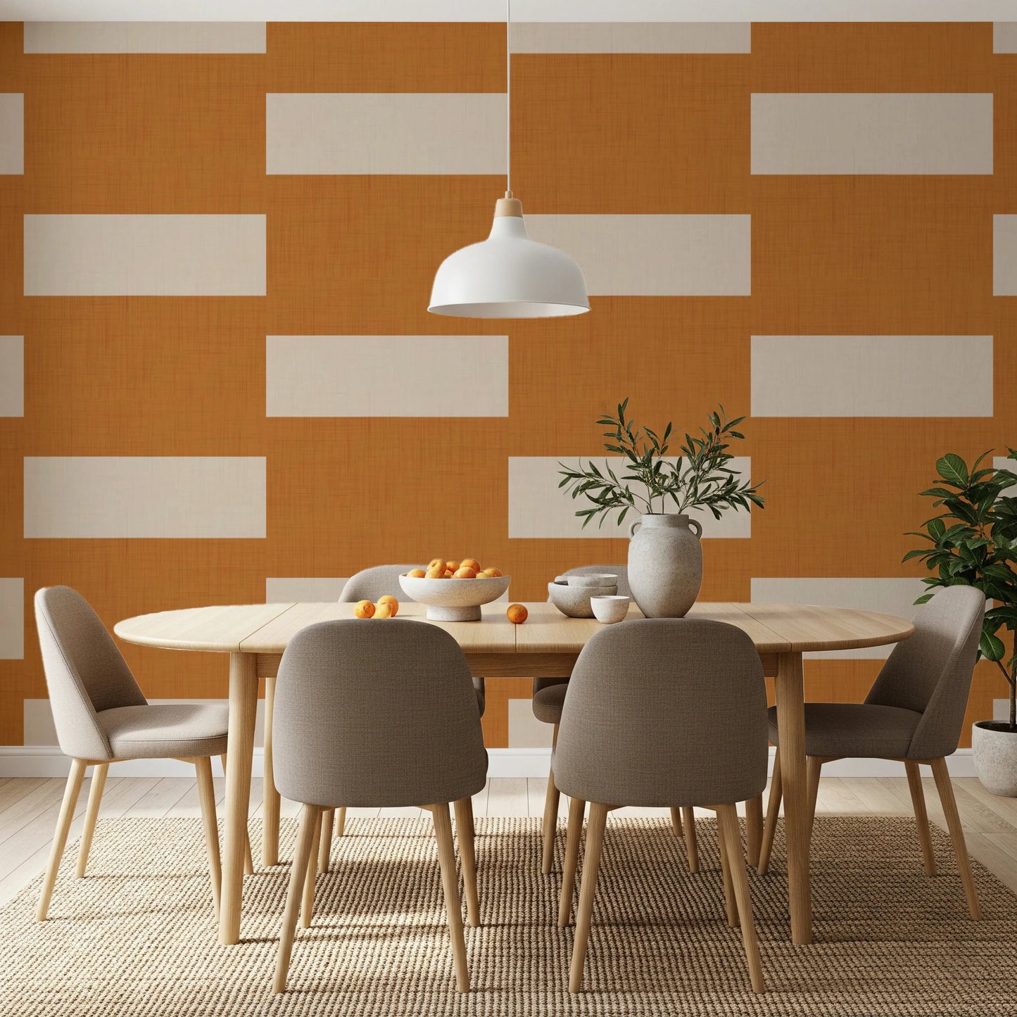 Textured Stripe Block Wallpaper in terracotta and cream with clean balance