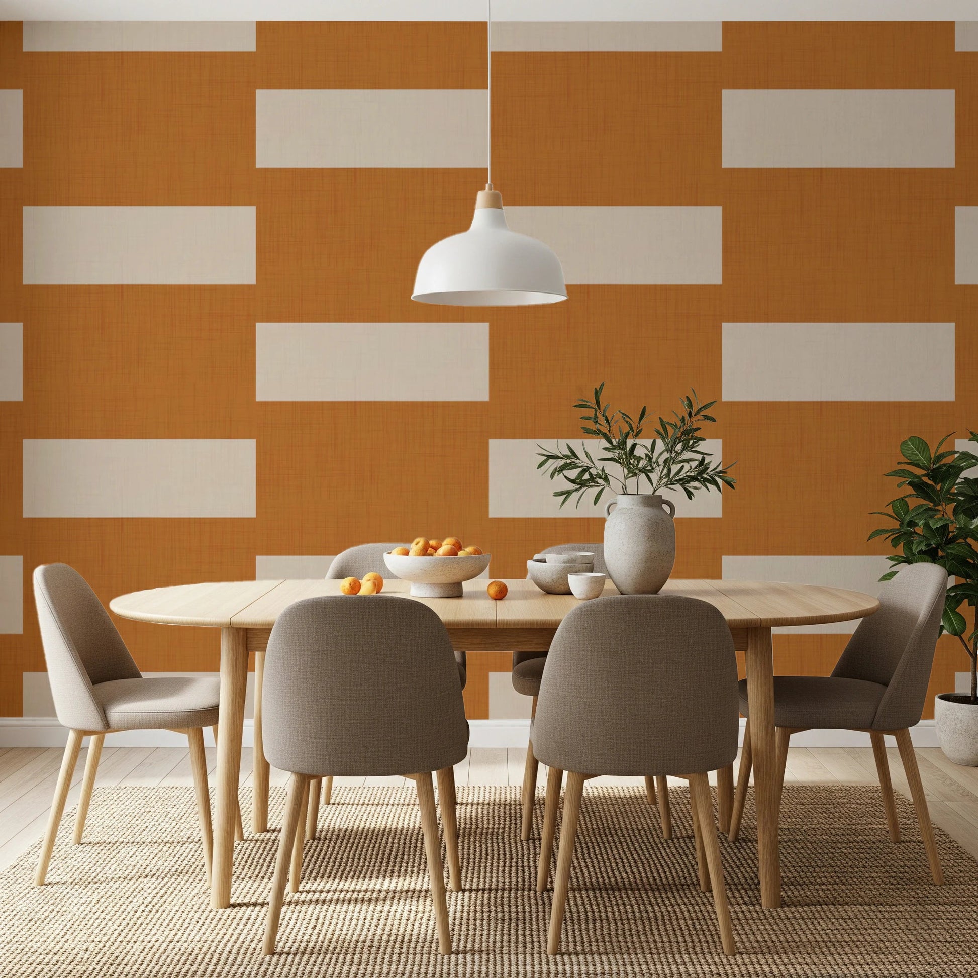 Textured Stripe Block Wallpaper in terracotta and cream with clean balance