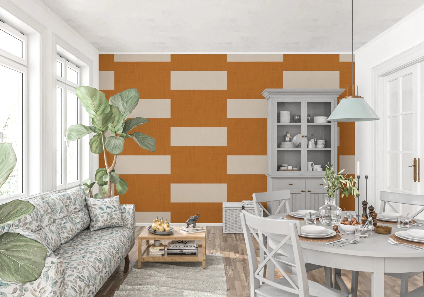 Hallway styled with Minimal Stripe Block wallpaper in warm earthy tones