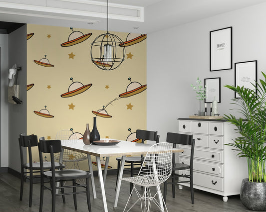 Minimal Vintage wallpaper, drawing of flying saucers, cosmic stars, pastel sky.