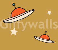Funky UFO Mustard mural, decorative outer space scene for walls.