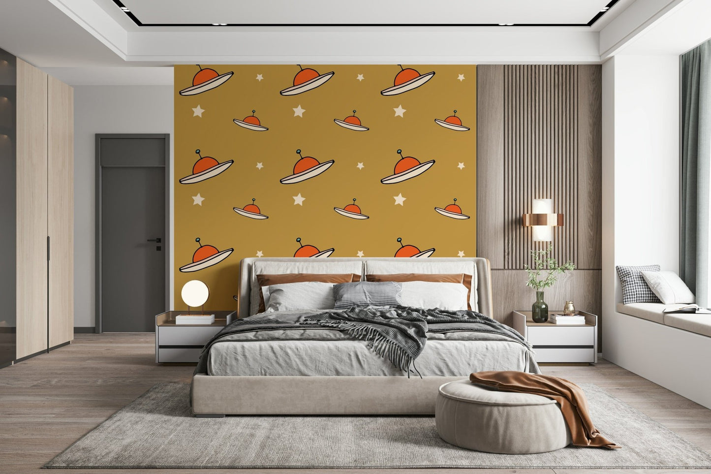 Captivating Minimal Vintage UFO Mustard mural for a striking interior focus.