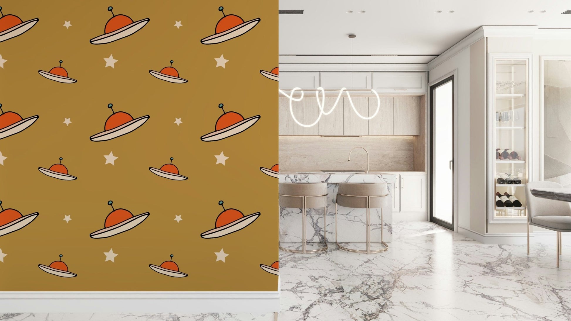 Bold UFO Mustard wall mural, mid-century alien craft pattern.