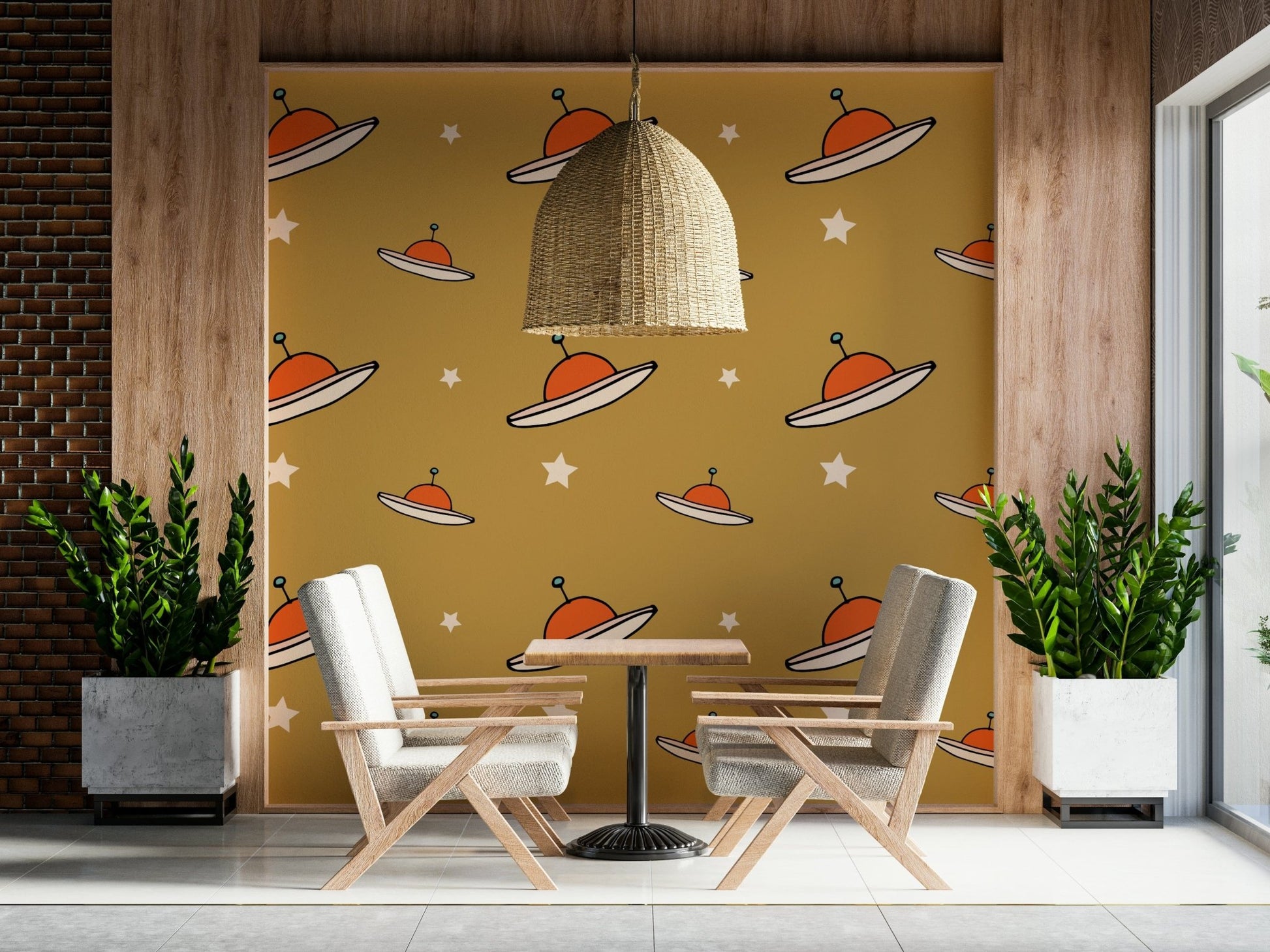 Space age inspiration Minimal UFO mustard vinyl wallpaper.