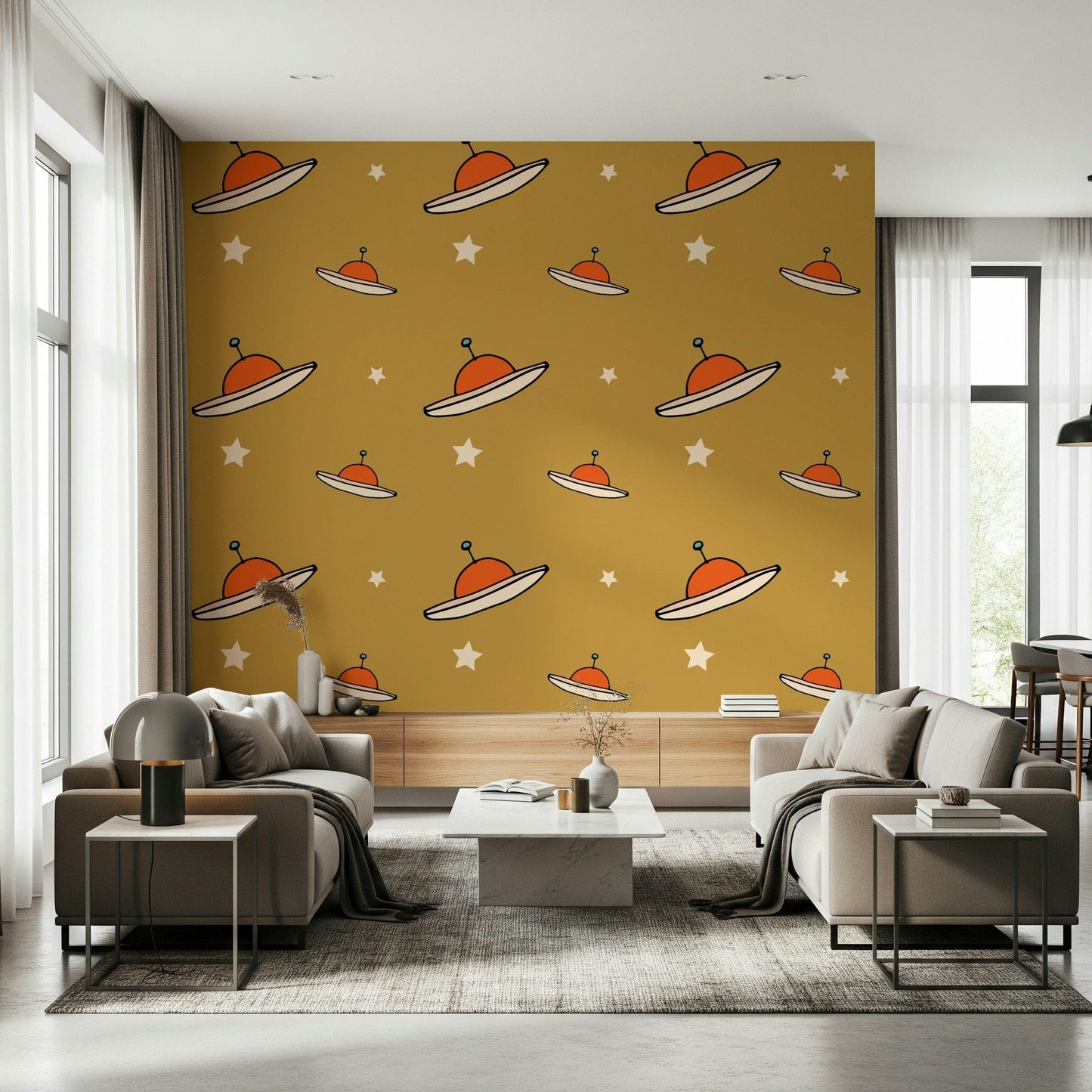Playful UFO Mustard wall mural, cute sci-fi inspired print.