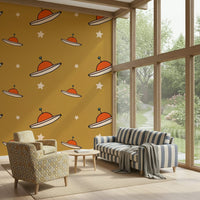 Minimal Vintage UFO Mustard wallpaper, groovy flying saucers and stars.