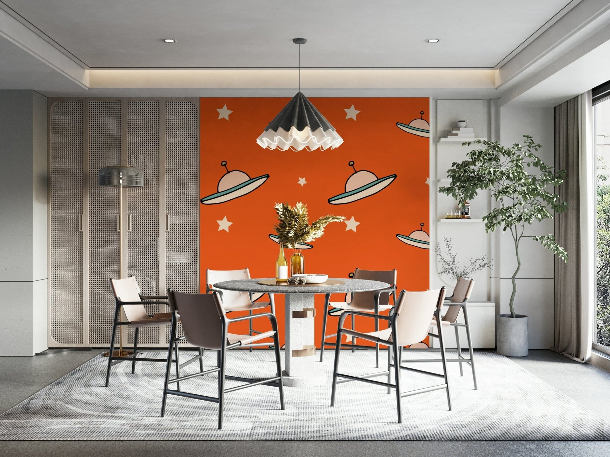 Retro alien craft illustration printed as a striking orange wallpaper.