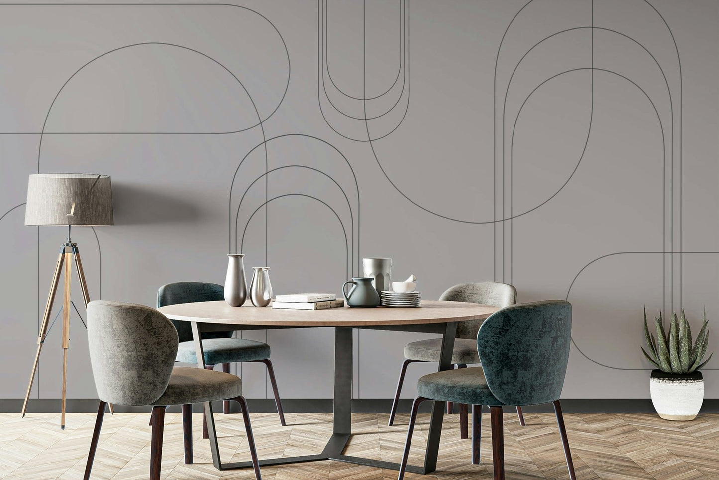 Curved line art on grey wallpaper

