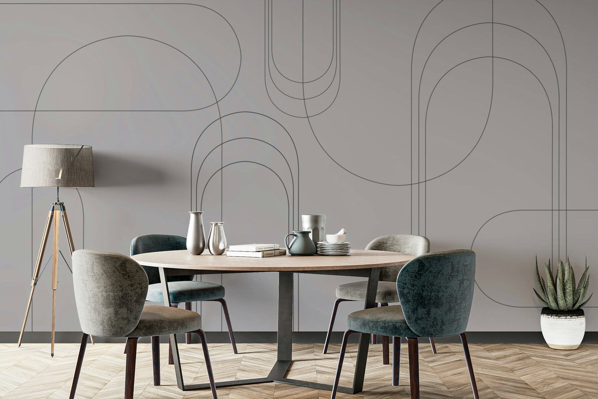 Curved line art on grey wallpaper


