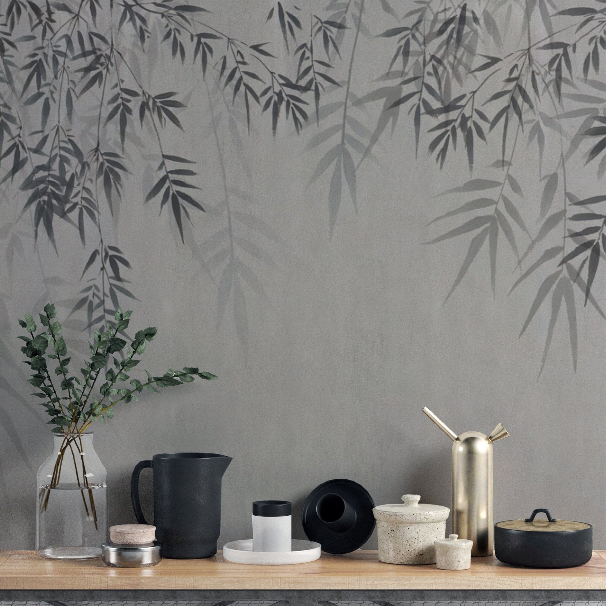 Modern bamboo leaves wall mural print
