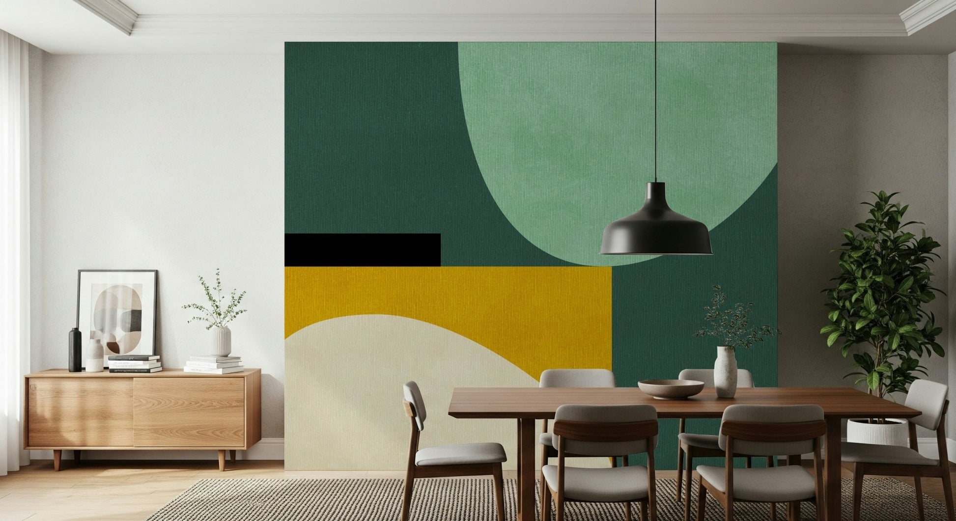 A contemplative fluid design wallpaper mural for a feature wall.