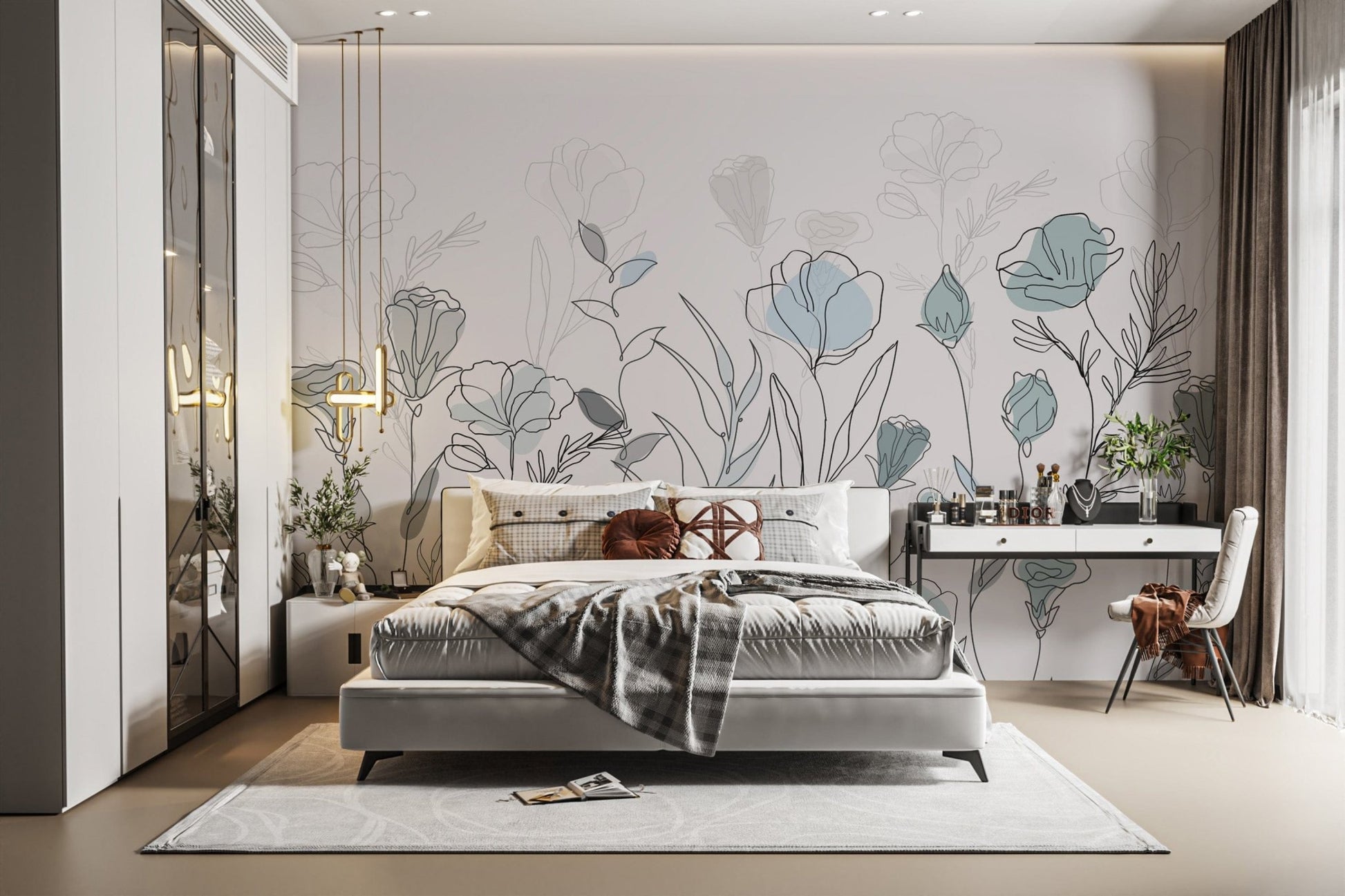 Delicate floral line drawing wallpaper
