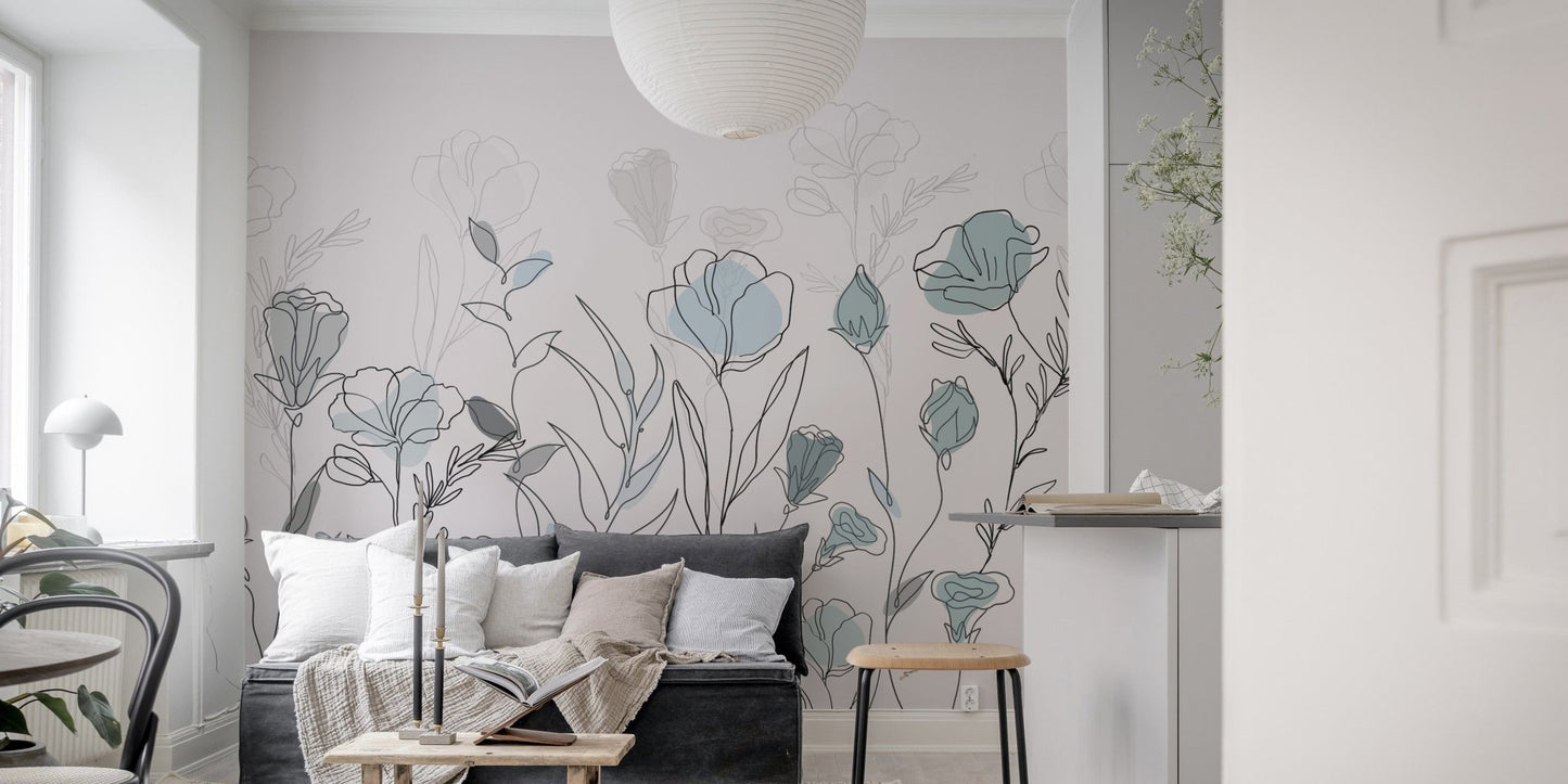 Contemporary floral line art wallpaper
