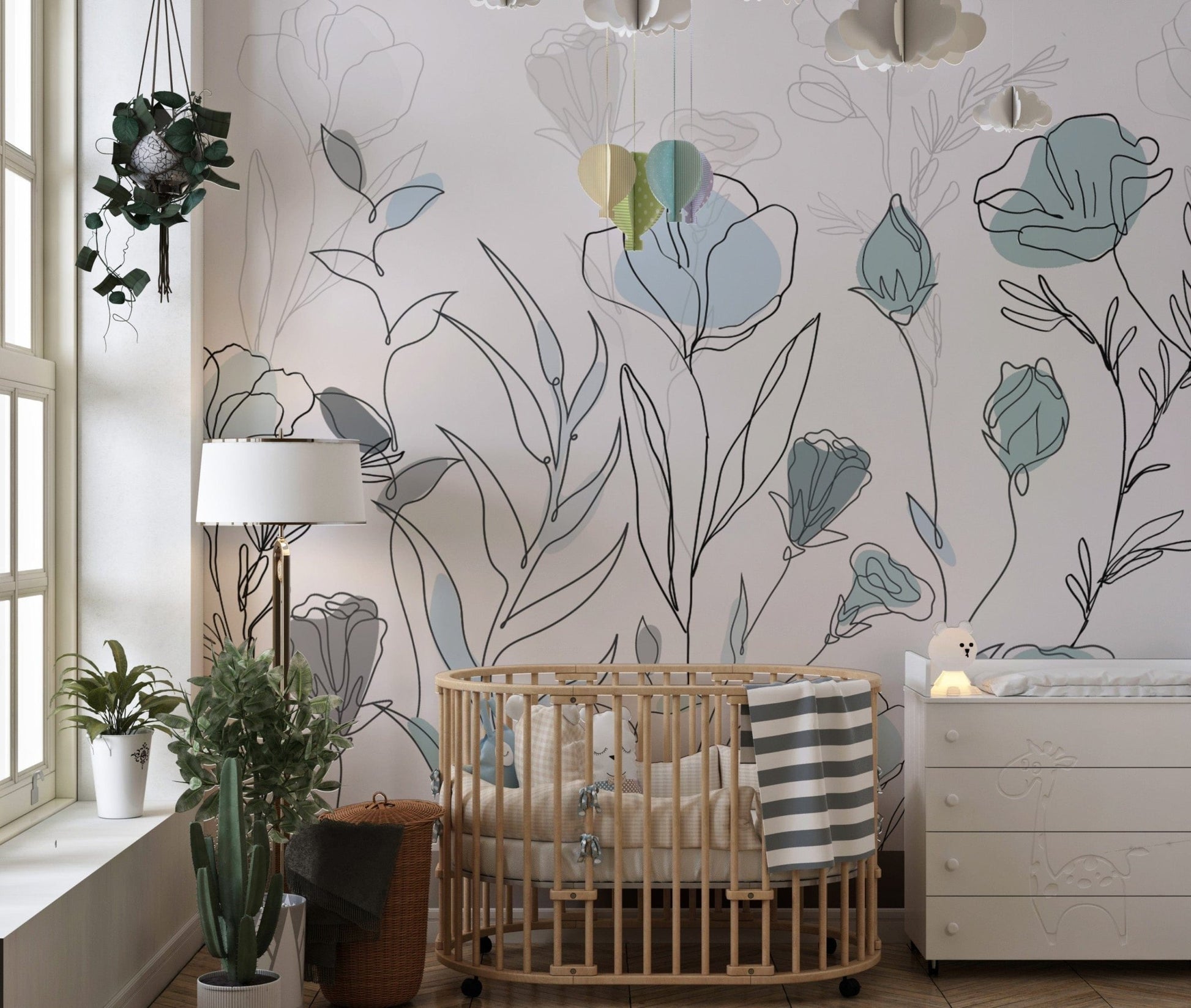 Simple floral line art wall mural
