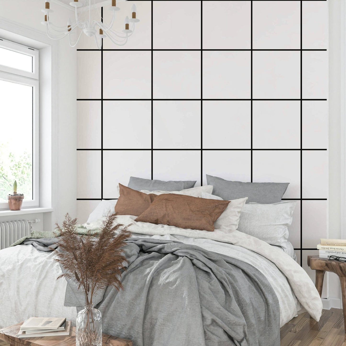 Black and white grid mural for minimalist decor

