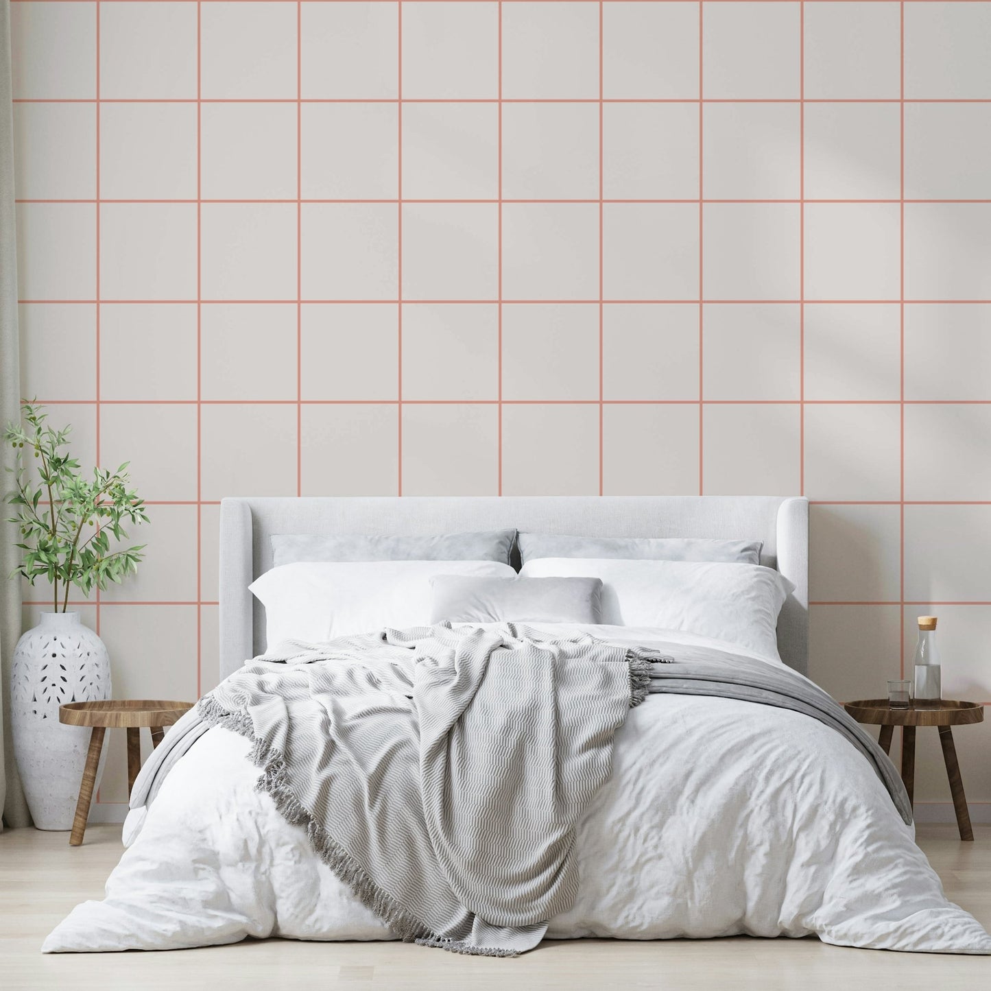 Modern minimalist grid wallpaper with coral roses

