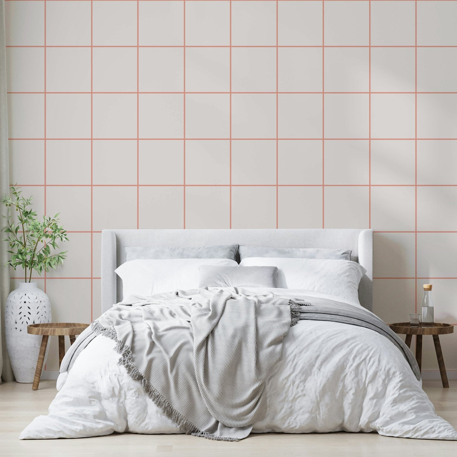 Modern minimalist grid wallpaper with coral roses

