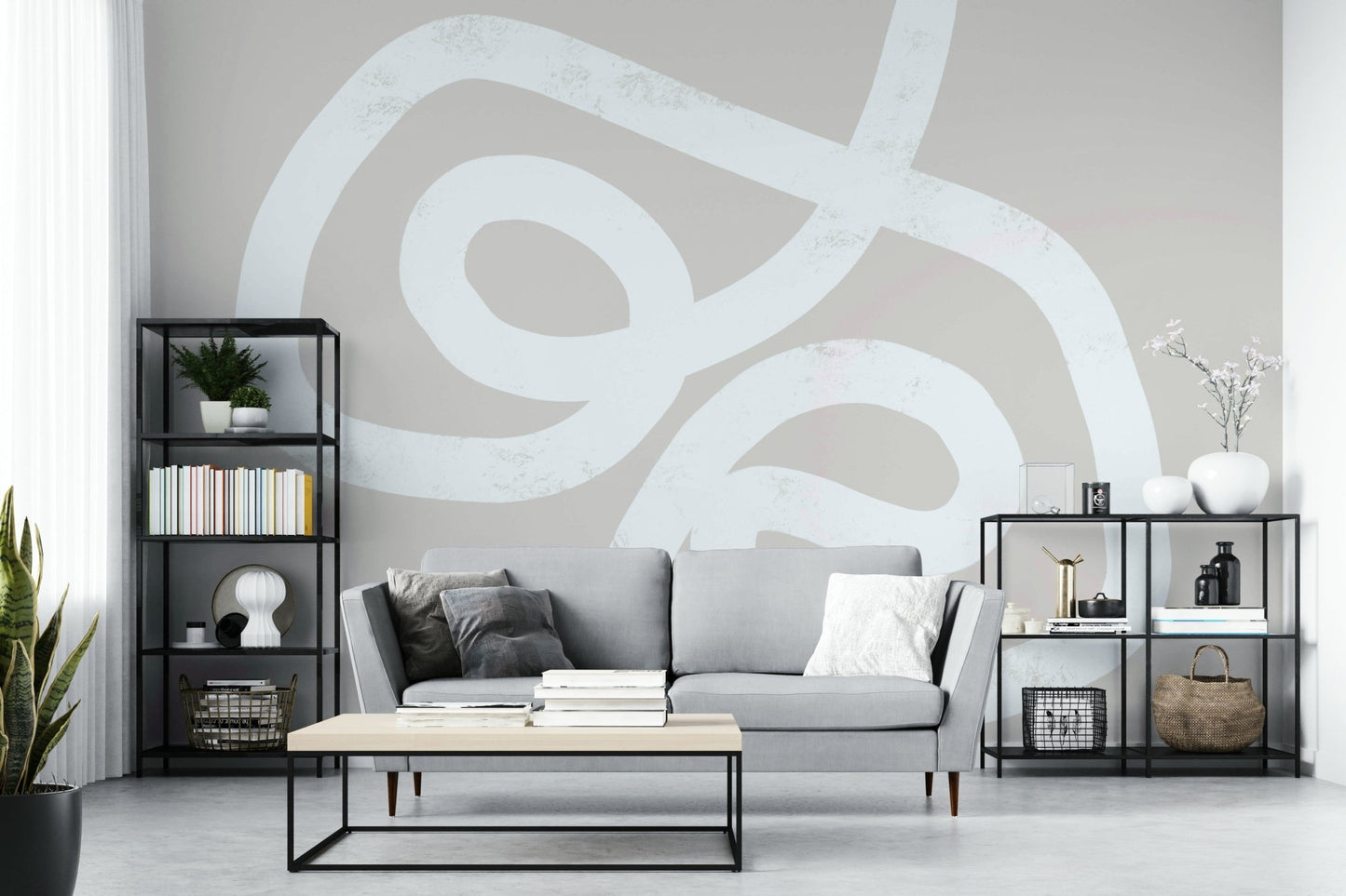 A calming modern design wallpaper mural that defines a space.

