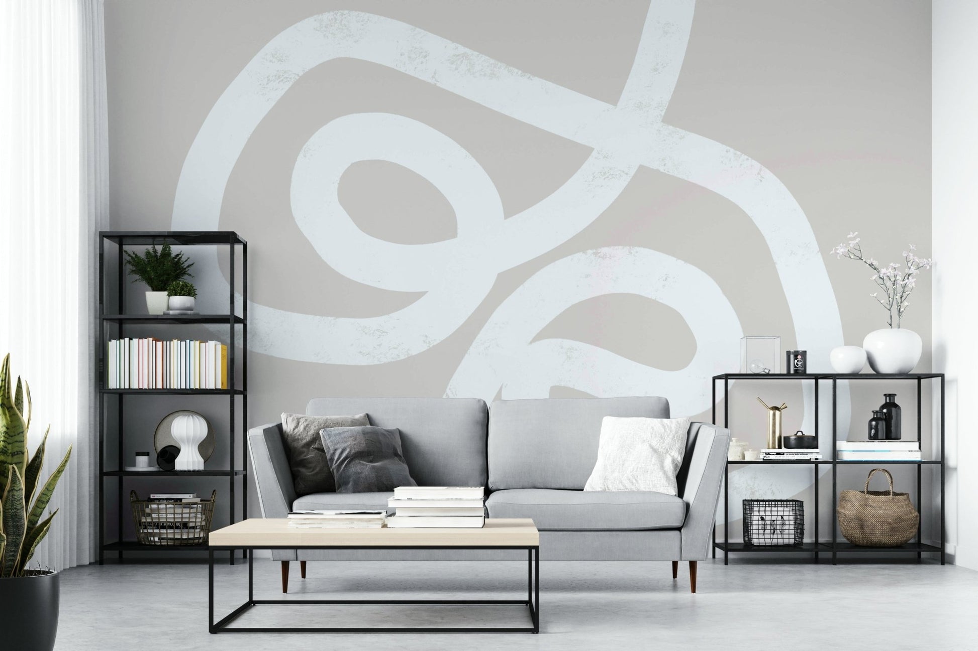 A calming modern design wallpaper mural that defines a space.

