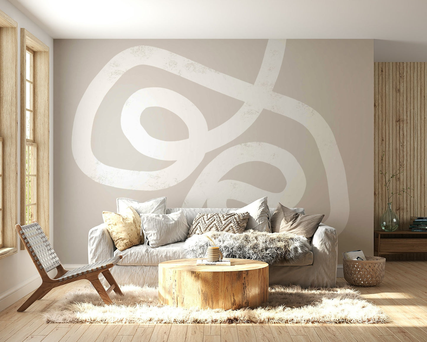 A peaceful geometric abstract mural on decorative wallpaper.

