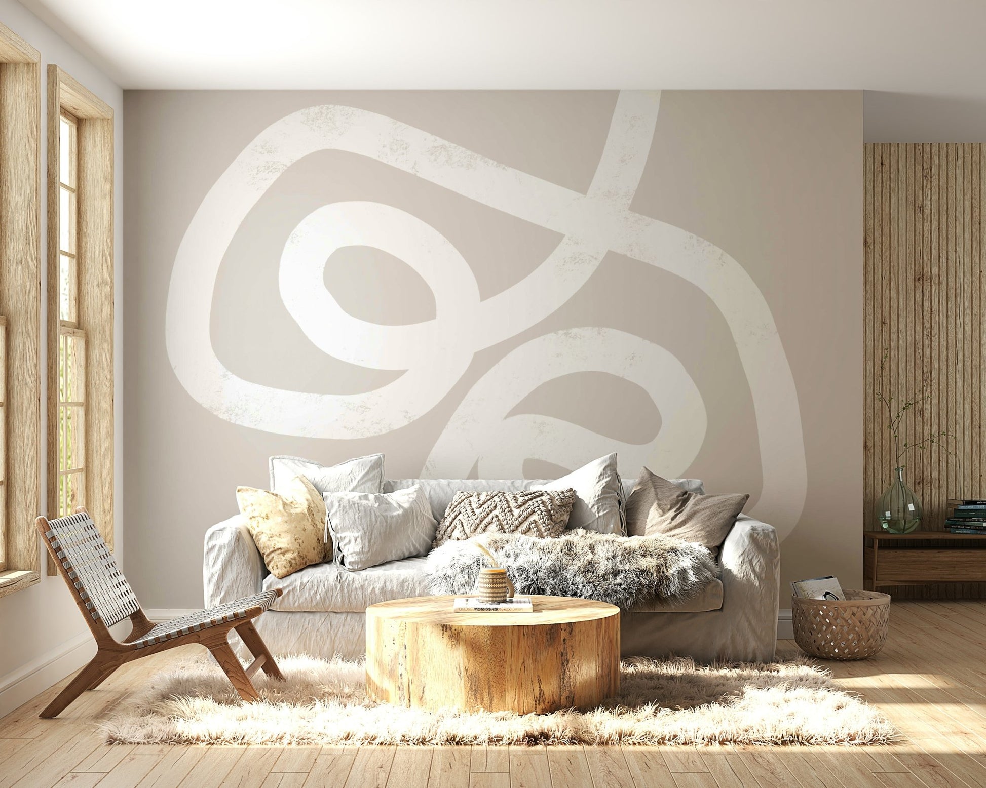 A peaceful geometric abstract mural on decorative wallpaper.

