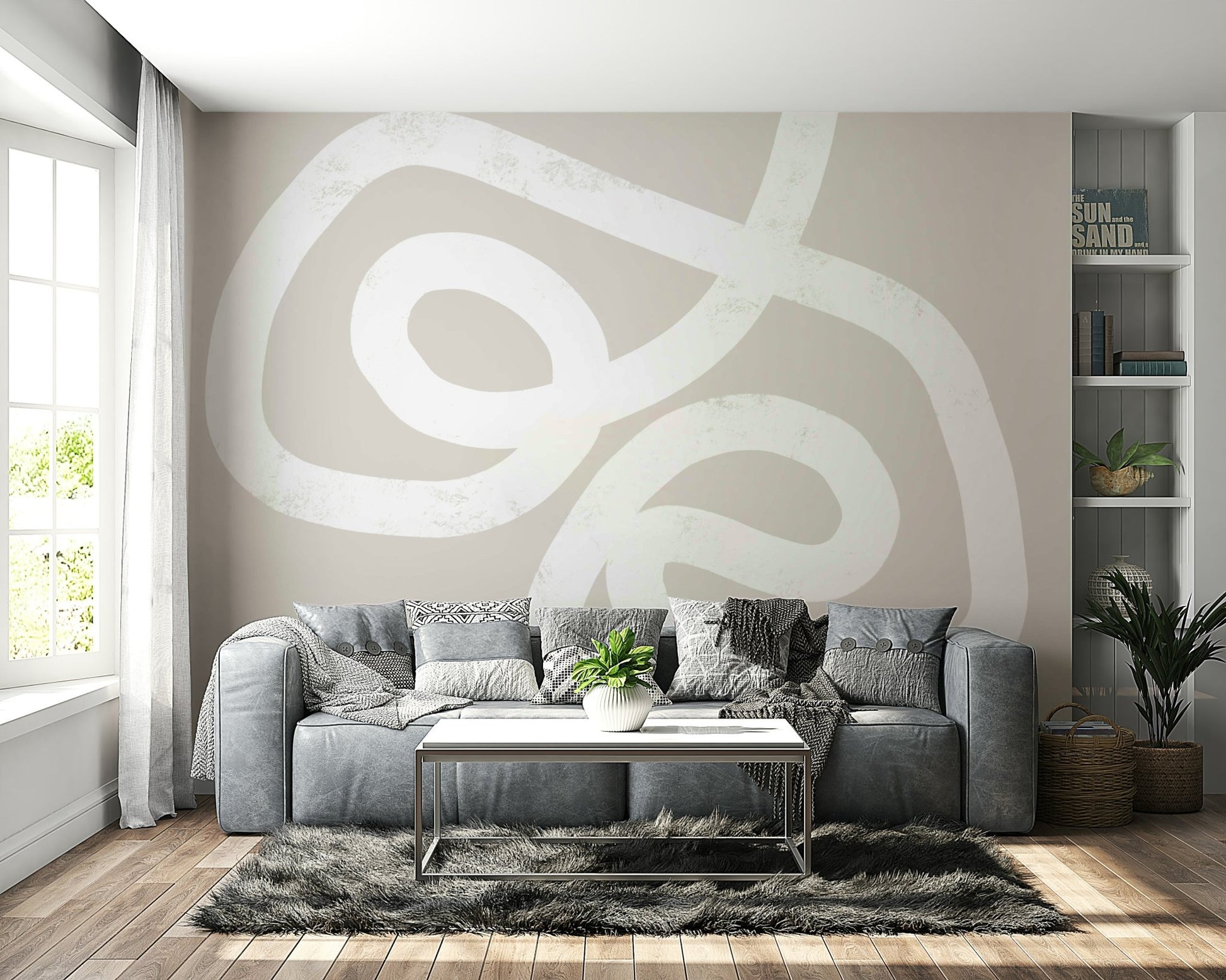 An artistic minimalist loop mural on elegant wallpaper.

