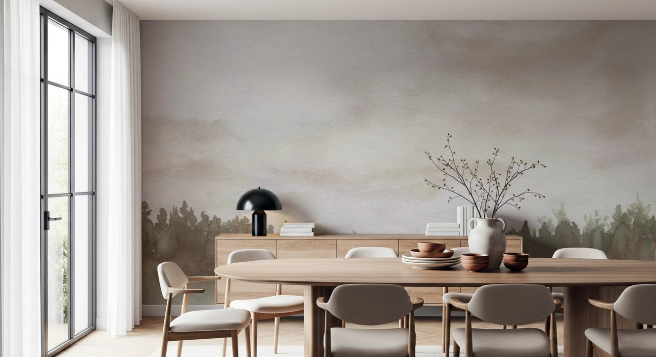 Minimalist Misty Trees wall mural blending misty forest detail with open space