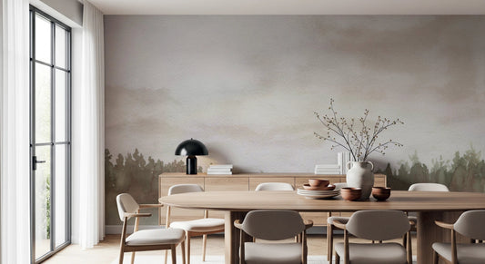 Minimalist Misty Trees wall mural blending misty forest detail with open space